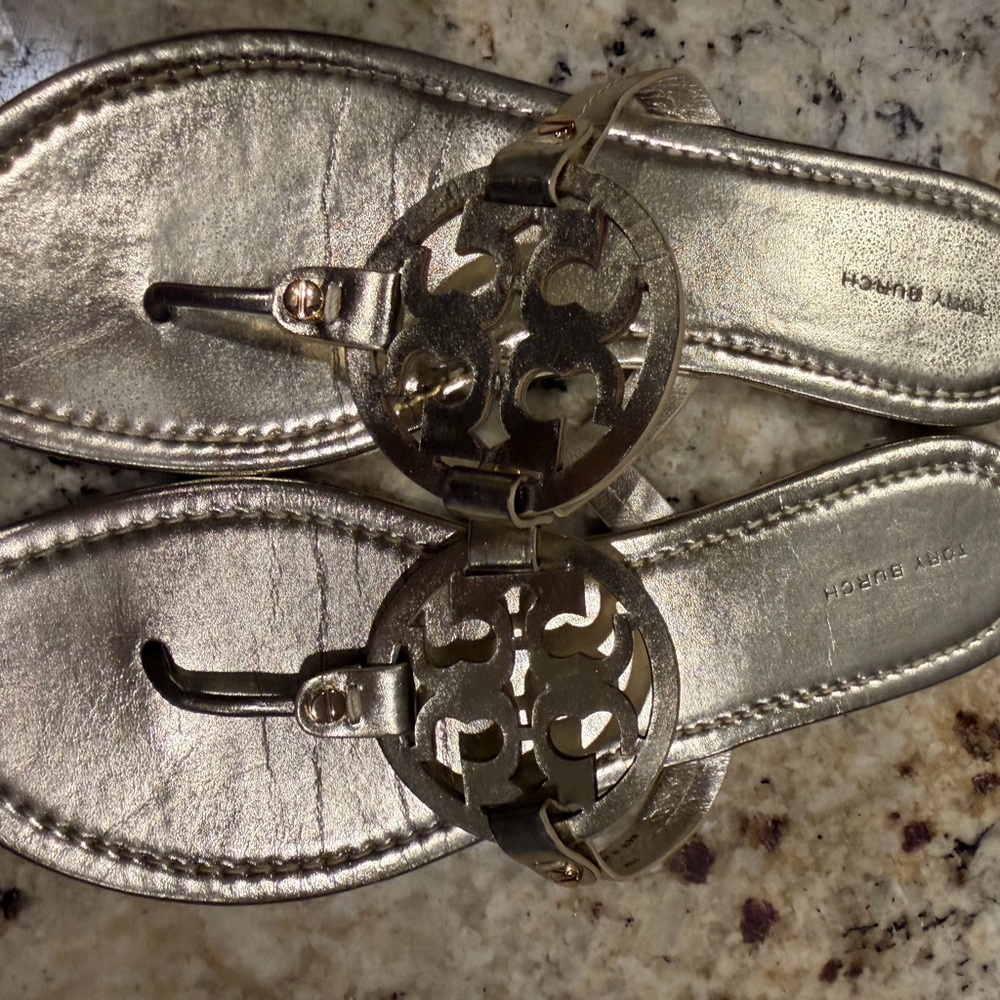 Tory Burch Metallic Gold Logo Thong Sandals